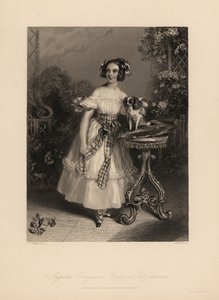 Augusta Georgina Frederica Fitzclarence, dochter van Lord Frederic Fitzclarence, onwettige zoon van Koning Willem IV. Ze draagt haar haar in krullen en linten, en draagt een off-the-shoulder jurk met een sjerp, houdt een King Charles spaniel op een kussen door John James (after) Chalon