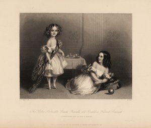 Henrietta Louisa Priscilla en Geraldine Harriet Somerset, dochters van Henry Somerset, 7e Hertog van Beaufort. Twee meisjes in off-the-shoulder jurken met linten, haar in krullen, spelen met een speelgoed theeservies en bal. Staalgravure door H. Cook door John James (after) Chalon