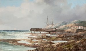 Zonder Titel [Aangelegd Zeilschip met Dorp op de Achtergrond]