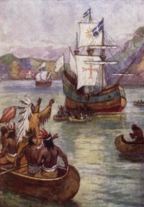 De schepen van de Franse ontdekkingsreiziger Jacques Cartier op de St. Lawrence-rivier, Canada