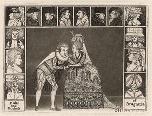 Mary Ann Yates en Laurence Clinch spelen de Hertog en Hertogin van Braganza in Braganza omringd door leden van het publiek. 1785 door John Kay