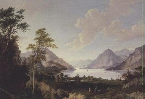 Landschap met meer en bergen