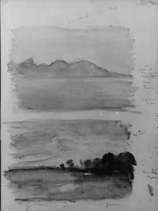 Dubbelstudie van de dageraad, Moorea gezien over het water, Tahiti, 1891