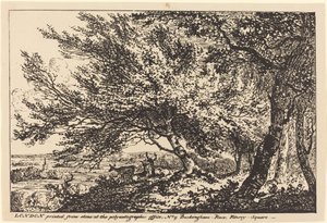 Landschap met herten onder bomen