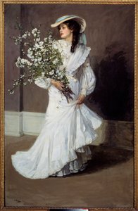 Lente. Allegorie van de lente: portret van een vrouw gekleed in wit met een boeket bloemen. Schilderij door Sir John Lavery (1856-1941)