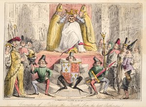 Kroning van Hendrik IV. (volgens de beste bronnen), uit The Comic History of England, uitgegeven 1864 (handgekleurde ets) door John Leech