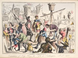 Inscheping van Hendrik V. in Southampton, AD 1415, uit The Comic History of England, uitgegeven 1864 (handgekleurde ets) door John Leech