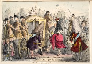 Georgey Porgey de Eerste gaat uit rijden in zijn staatskoets, uit The Comic History of England, uitgegeven 1864 (handgekleurde ets) door John Leech