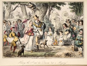 Hendrik VIII en zijn koningin op een meifeest, uit The Comic History of England, uitgegeven 1864 (handgekleurde ets) door John Leech