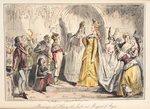 Huwelijk van Hendrik VI met Margaretha van Anjou, uit The Comic History of England, uitgegeven 1864 (handgekleurde ets)
