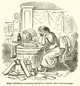 Scipio Aemilianus die zich volpropt voor een toespraak na een stevige maaltijd door John Leech