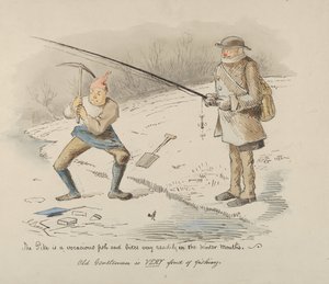 De Snoek is een vraatzuchtige vis en bijt gemakkelijk in de Wintermaanden-Oude Heer..., 1830-64 door John Leech