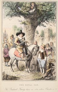 De Koninklijke Eik. De familie Penderell heeft geen idee waar Karel is!!!, uit The Comic History of England, uitgegeven 1864 (handgekleurde ets)