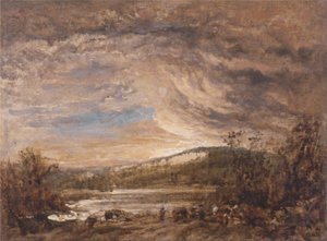Rivierlandschap, zonsondergang door John Linnell