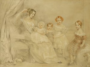 Portret van Mevrouw W.S. Fry en haar Vier Kinderen: Emma, Willy, Julie en Georgina, Zittend in een Interieur, 1840 door John Linnell
