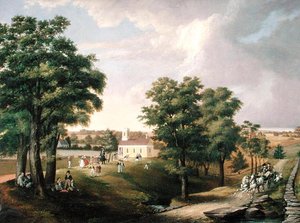 Uitzicht op het schoolgebouw in Greens Farms door John Ludlow Morton