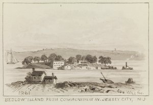 Bedlow Island vanaf Communipaw Av., Jersey City, N.J., 1861 door John M. August Will
