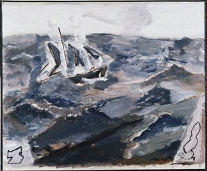 Zee en boot (olieverf op doek) door John Marin