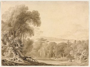 Figuren Zittend bij een Meer in een Bebost Landschap door John Martin
