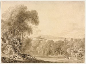 Figuren zittend bij een meer in een bebost landschap, 1820 door John Martin