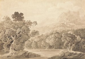 Bosrijke rivierbank, heuvelstad en bergtoppen in de verte