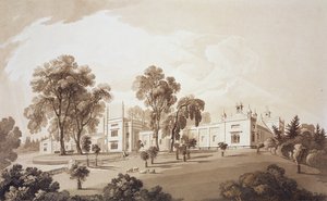 Uitzicht op de Boerderij met Scherm naar Stallen en Boerderijgebouwen naar Sezincote House, gegraveerd door Frederick Christian Lewis Snr.