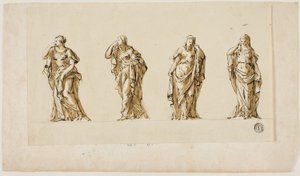 Ontwerp voor een grafmonument: Vier gedrapeerde rouwende vrouwenfiguren door John Michael Rysbrack