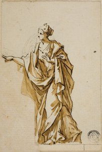 Staande vrouwelijke figuur wijzend naar links
