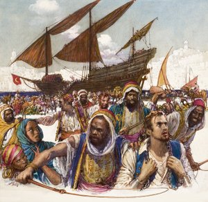 Geketende gevangenen van Arabieren uit de haven, met dhow op de achtergrond door John Millar Watt