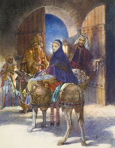 Het verhaal van de herbergier: Maria en Jozef komen aan in Bethlehem (gouache op papier) door John Millar Watt