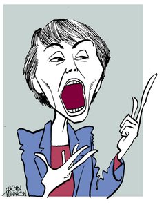 Camille Paglia - karikatuur met open mond door John Minnion
