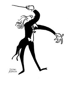 Karikatuur van een dirigent die dramatisch dirigeert door John Minnion