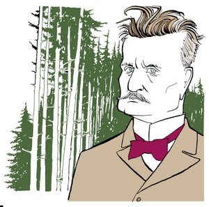 Jean Sibelius tegen achtergrond van Finse bossen door John Minnion