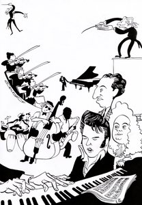 Muziekfantasie - cover voor muziekboek of -artikel - met dirigenten, muzikanten, instrumenten, viool, drums, contrabas, saxofoon, piano, partituur, Elvis, Bach, door John Minnion
