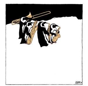 Pinguïnband - karikatuur van een groep pinguïns die koperen instrumenten bespelen - trombone en saxofoons