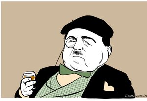 Reynaldo Hahn - karikatuur van de Duitse Venezolaanse componist en dirigent met een glas wijn door John Minnion