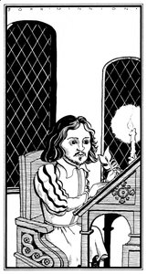 Thomas Tallis - karikatuur zittend aan schrijftafel - Engels componist - 30 januari 1505 - 23 november 1585 door John Minnion