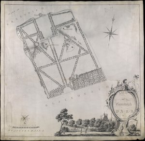 Plan van Greenwich Park, met het Koninklijk Observatorium, One Tree Hill en het Ranger