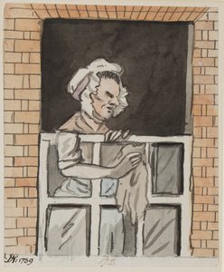 Dienstmeid die een raam schoonmaakt, 1789 door John Nixon