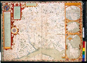 Beschrijving van Southampton, Hampshire door J. Norden, met kaart: 1595 (gekleurde gravure)