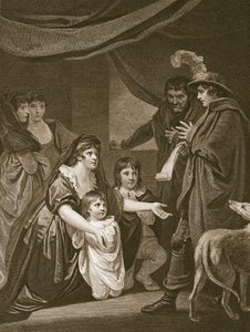Lady Elizabeth Grey smeekt Edward IV om haar kinderen te beschermen, gegraveerd door W. Bromley, illustratie uit David Hume