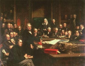 Lord Palmerston spreekt het Lagerhuis toe tijdens de debatten over het Verdrag van Frankrijk in februari 1860, 1863