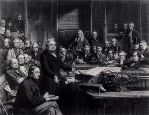 Het Lagerhuis in 1860: Lord Palmerston spreekt het Huis toe tijdens het debat over het verdrag met Frankrijk, gegraveerd door Falkner, 1863