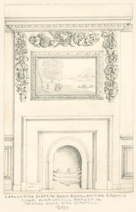 Gesneden open haard in de achterkamer op de begane grond met uitzicht op de tuin, Fairfax House, High Street, Putney, 1887 door John Phillipp Emslie