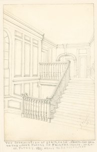 De voortzetting van de trap, van de hal naar de bovenverdiepingen, van Fairfax House, High Street, Putney, 1887 door John Phillipp Emslie