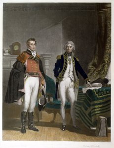 Een ontmoeting tussen Generaal-Majoor Sir Arthur Wellesley en Vice-Admiraal Horatio Nelson, September 1805, gegraveerd door Samuel William Reynolds, uitgegeven door A.J. Isaacs