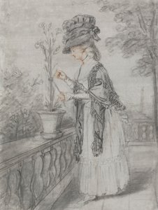 Dame op een Terras die een Anjerplant Verzorgt door John Raphael Smith