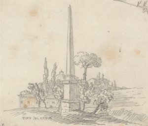 Een Obelisk met Daken en Bomen in de Verte