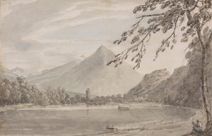 Op de Aare tussen Unterseen en het meer van Brienz door John Robert Cozens
