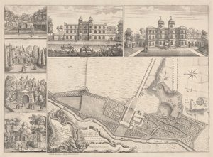 Een plan van de tuinen en uitzicht op de gebouwen van de Eerwaarde Henry Pelham, Esquire in Echa in het graafschap Surrey door John Rocque